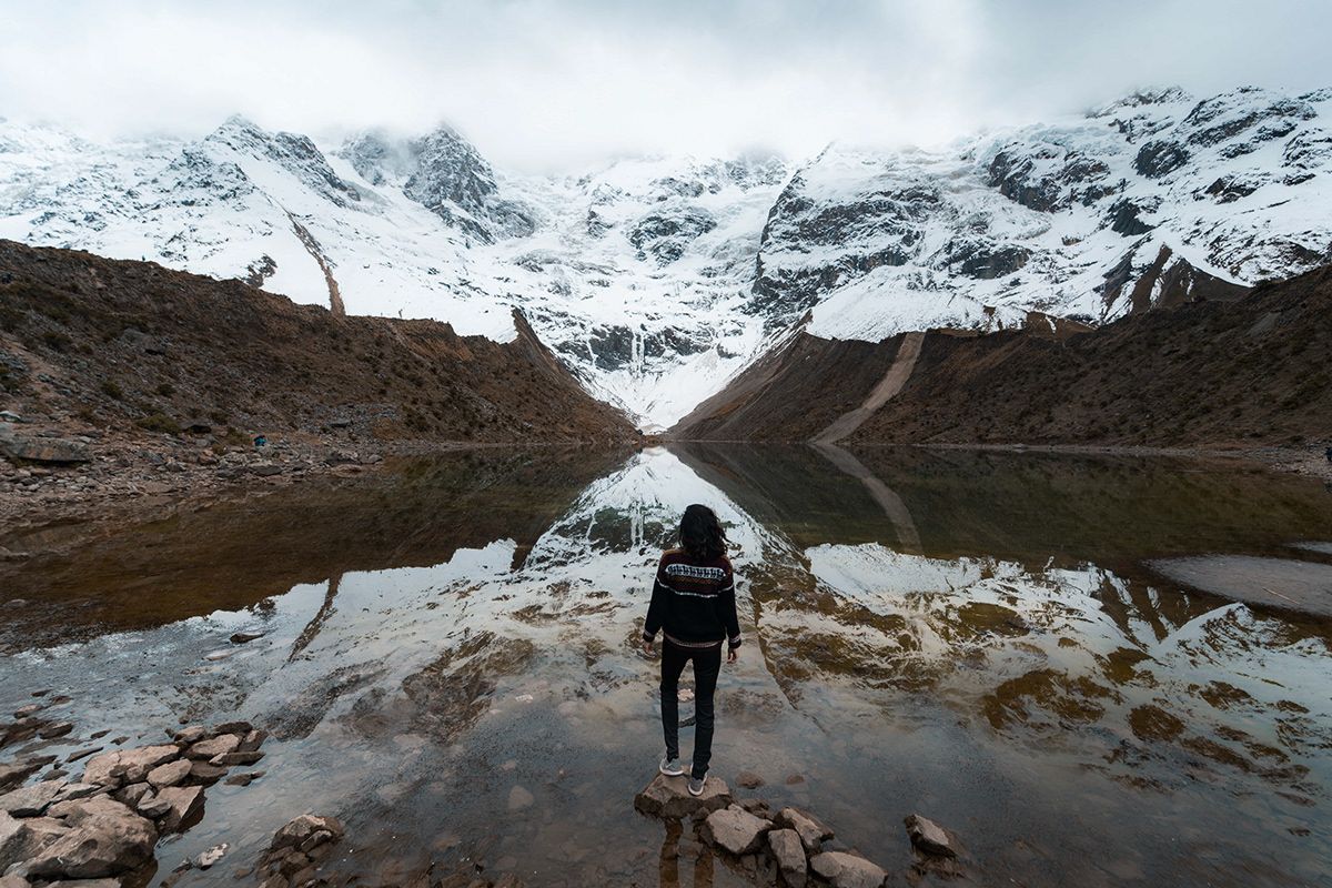 Trekkers crossing high alpine terrain on the Salkantay trek, Peru